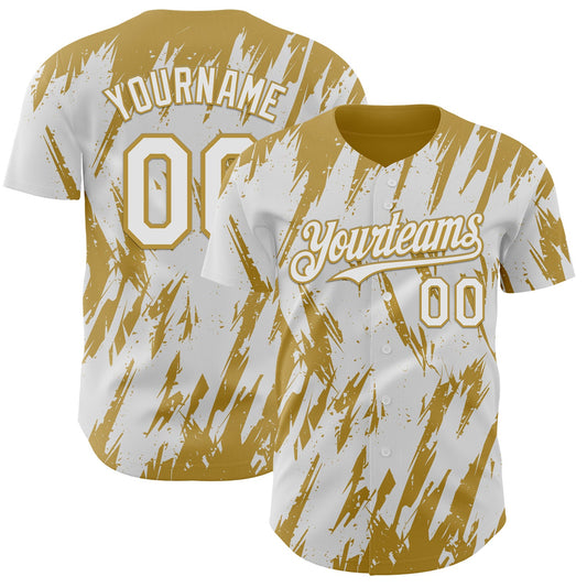 Custom White Old Gold Splatter Torn Sharp Brush Stroke Authentic Baseball Jersey - Main View