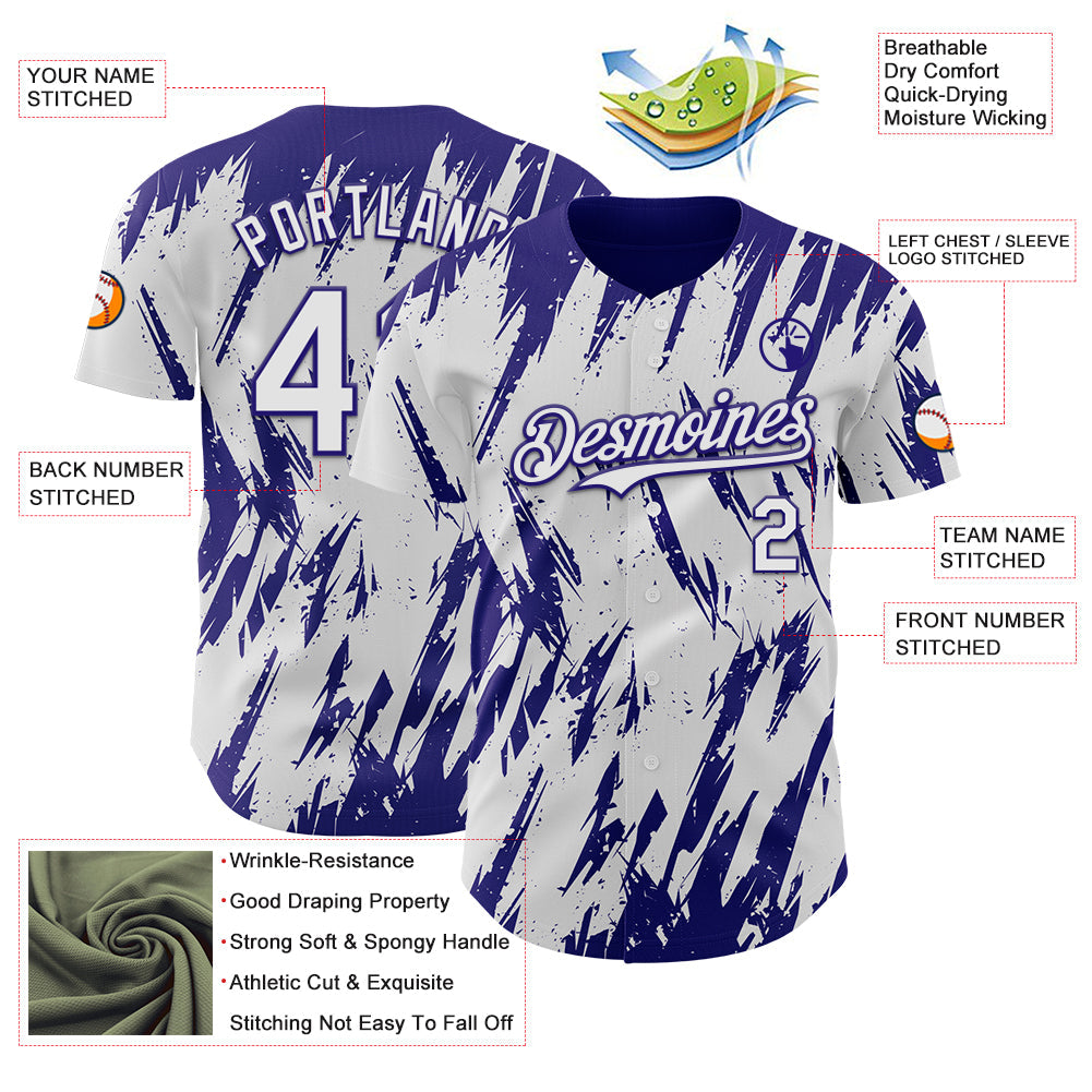 Custom White Dark Purple Splatter Torn Sharp Brush Stroke Authentic Baseball Jersey view 3