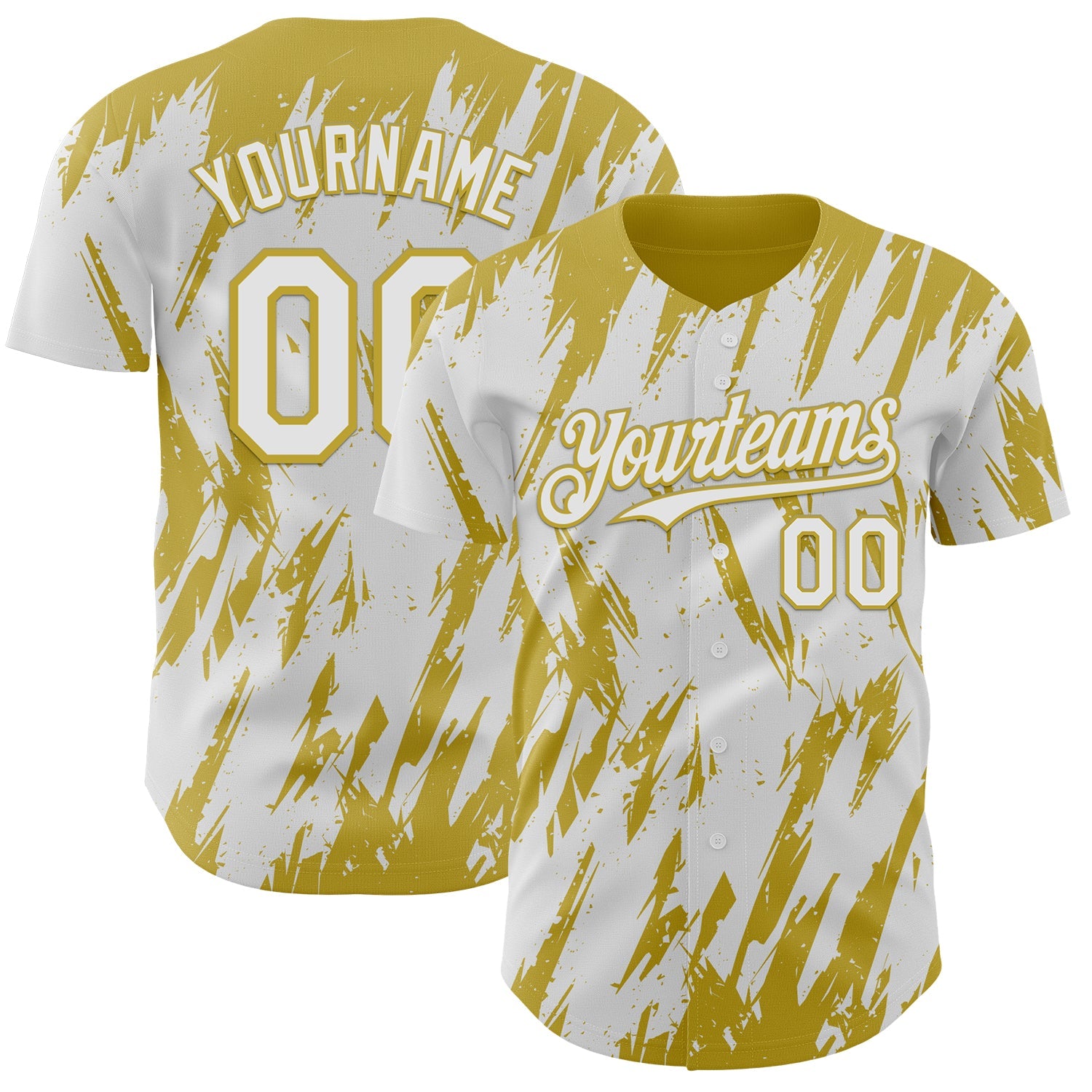 Custom White Old Gold Splatter Torn Sharp Brush Stroke Authentic Baseball Jersey - Main View