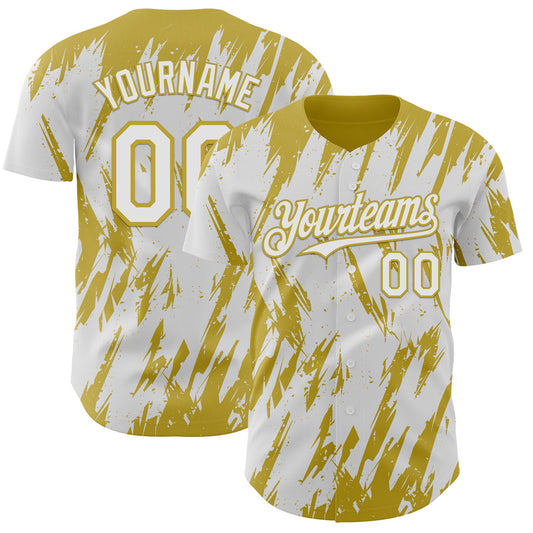 Custom White Old Gold Splatter Torn Sharp Brush Stroke Authentic Baseball Jersey - Main View