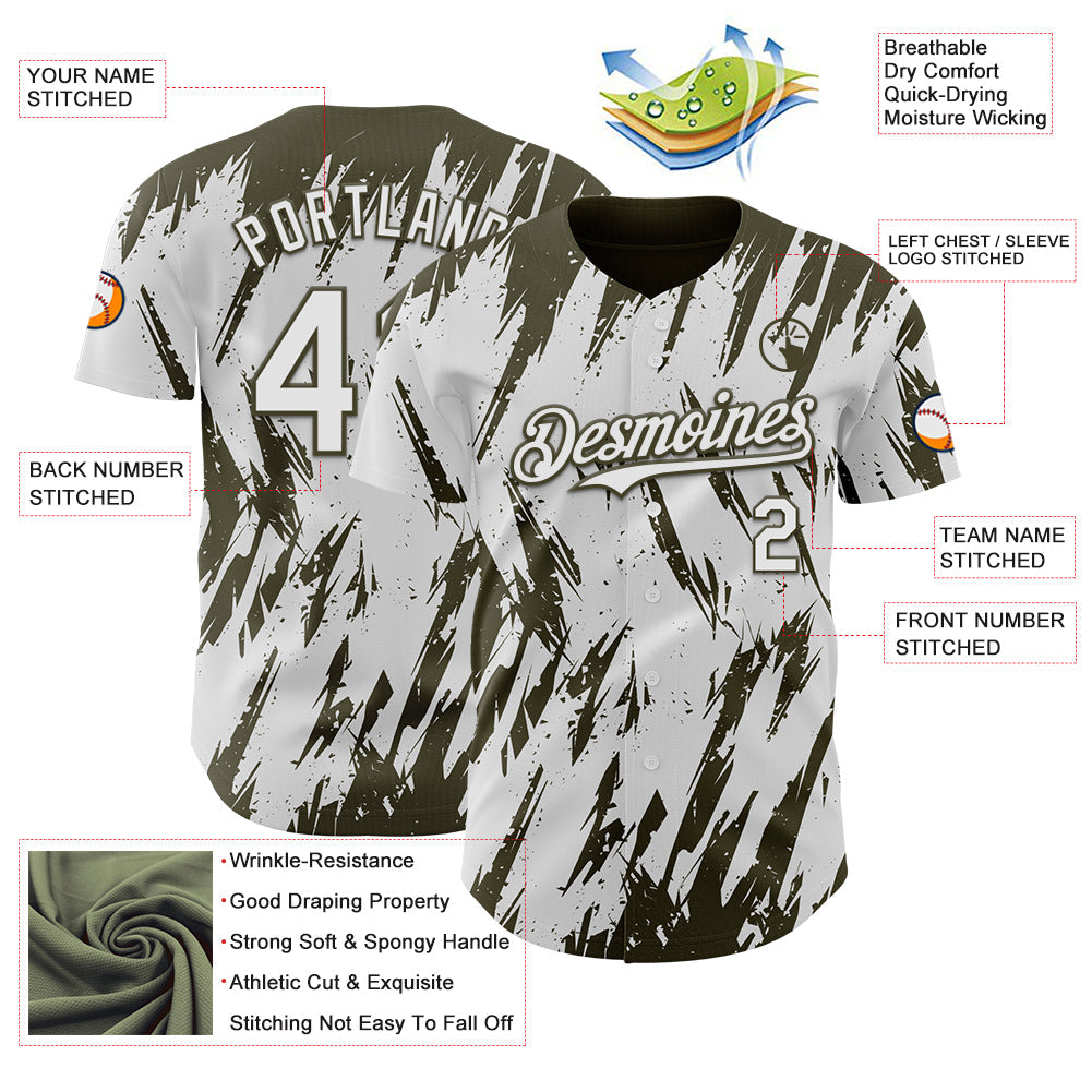 Custom White Olive Splatter Torn Sharp Brush Stroke Authentic Baseball Jersey view 3