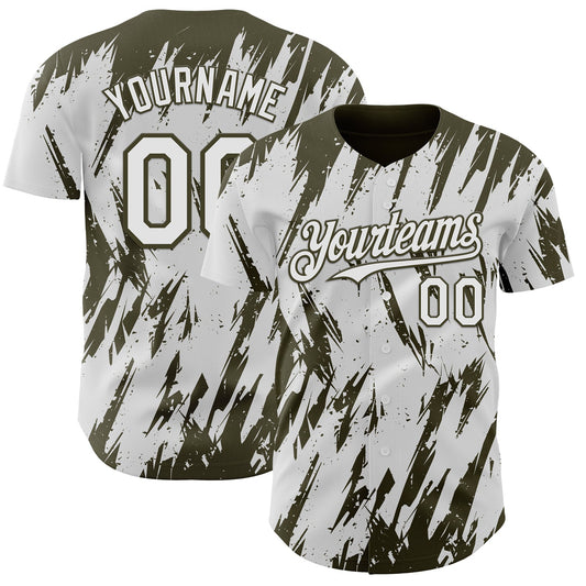 Custom White Olive Splatter Torn Sharp Brush Stroke Authentic Baseball Jersey - Main View