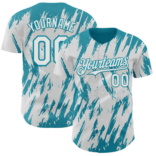 Custom White Teal Splatter Torn Sharp Brush Stroke Authentic Baseball Jersey - Main View