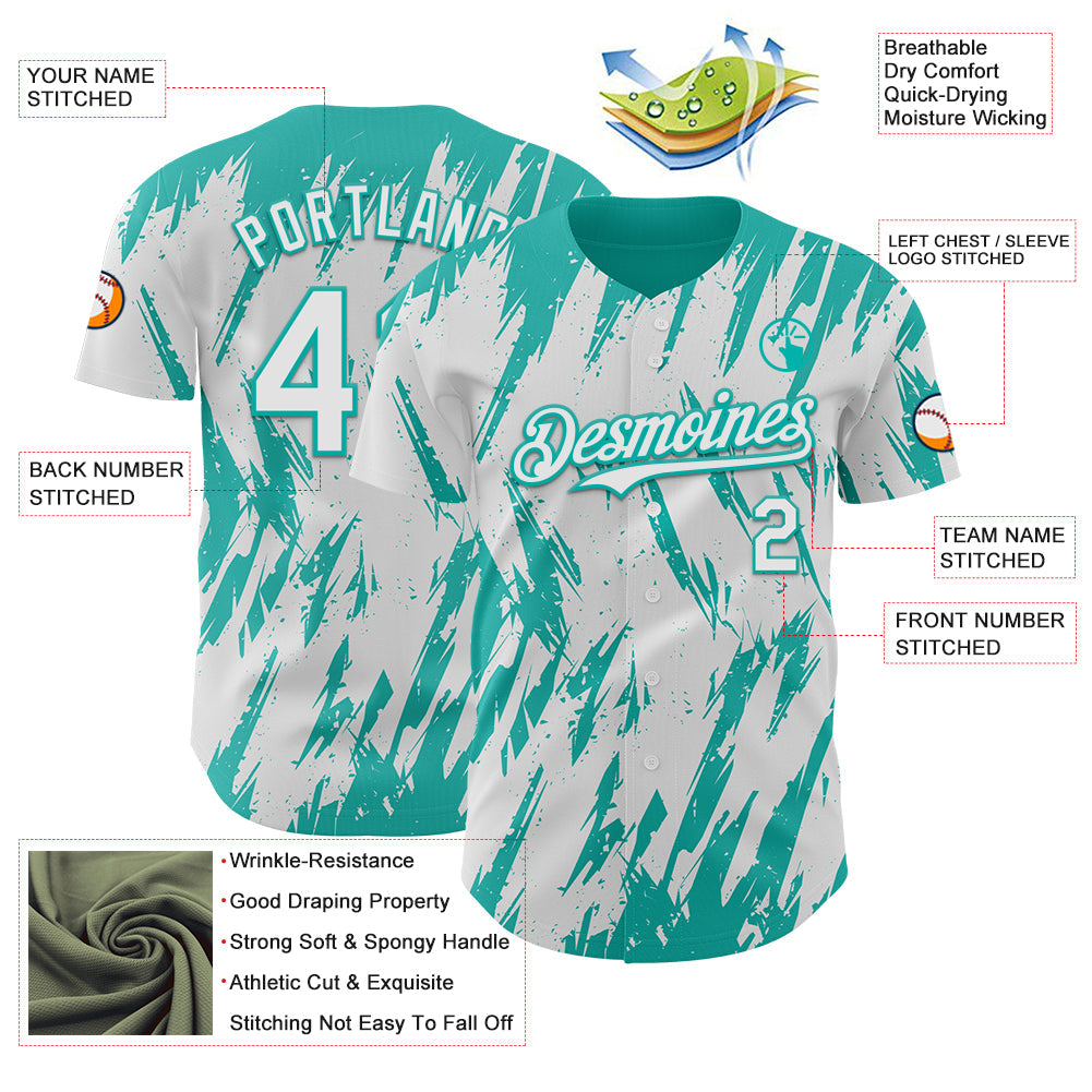 Custom White Aqua Splatter Torn Sharp Brush Stroke Authentic Baseball Jersey view 3