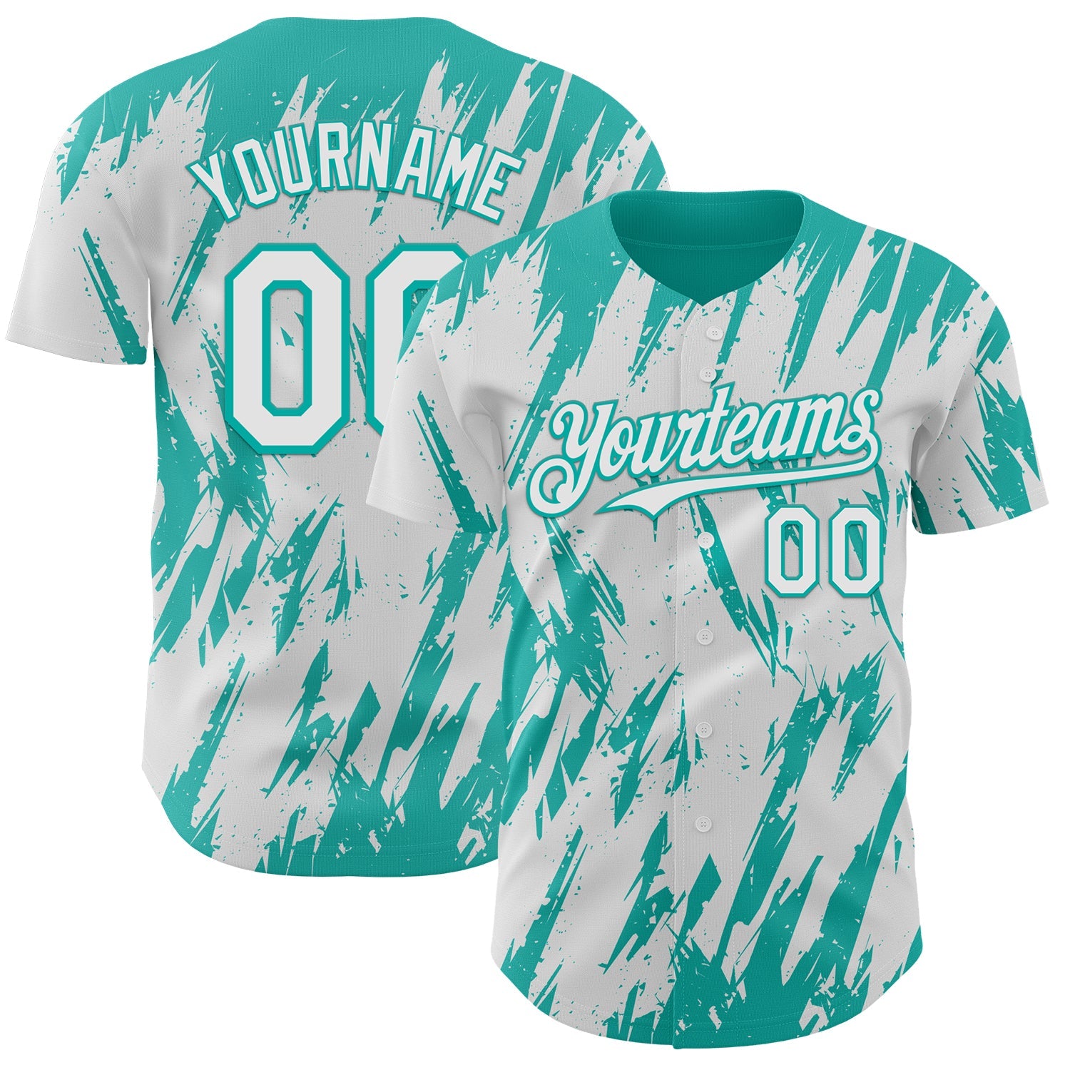 Custom White Aqua Splatter Torn Sharp Brush Stroke Authentic Baseball Jersey - Main View