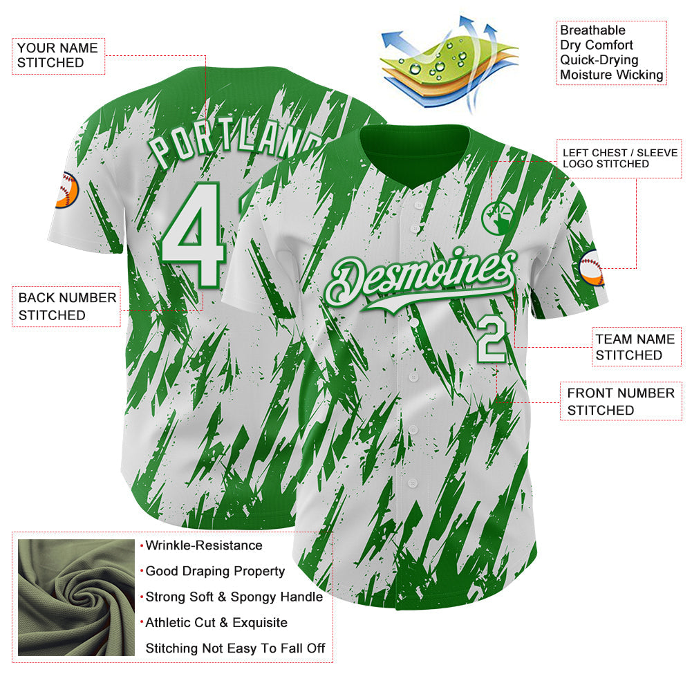 Custom White Grass Green Splatter Torn Sharp Brush Stroke Authentic Baseball Jersey view 3