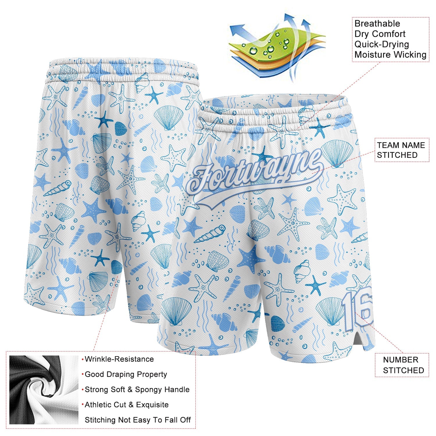 Custom White Light Blue 3D Pattern Starfishs And Shells Authentic Basketball Shorts view 2