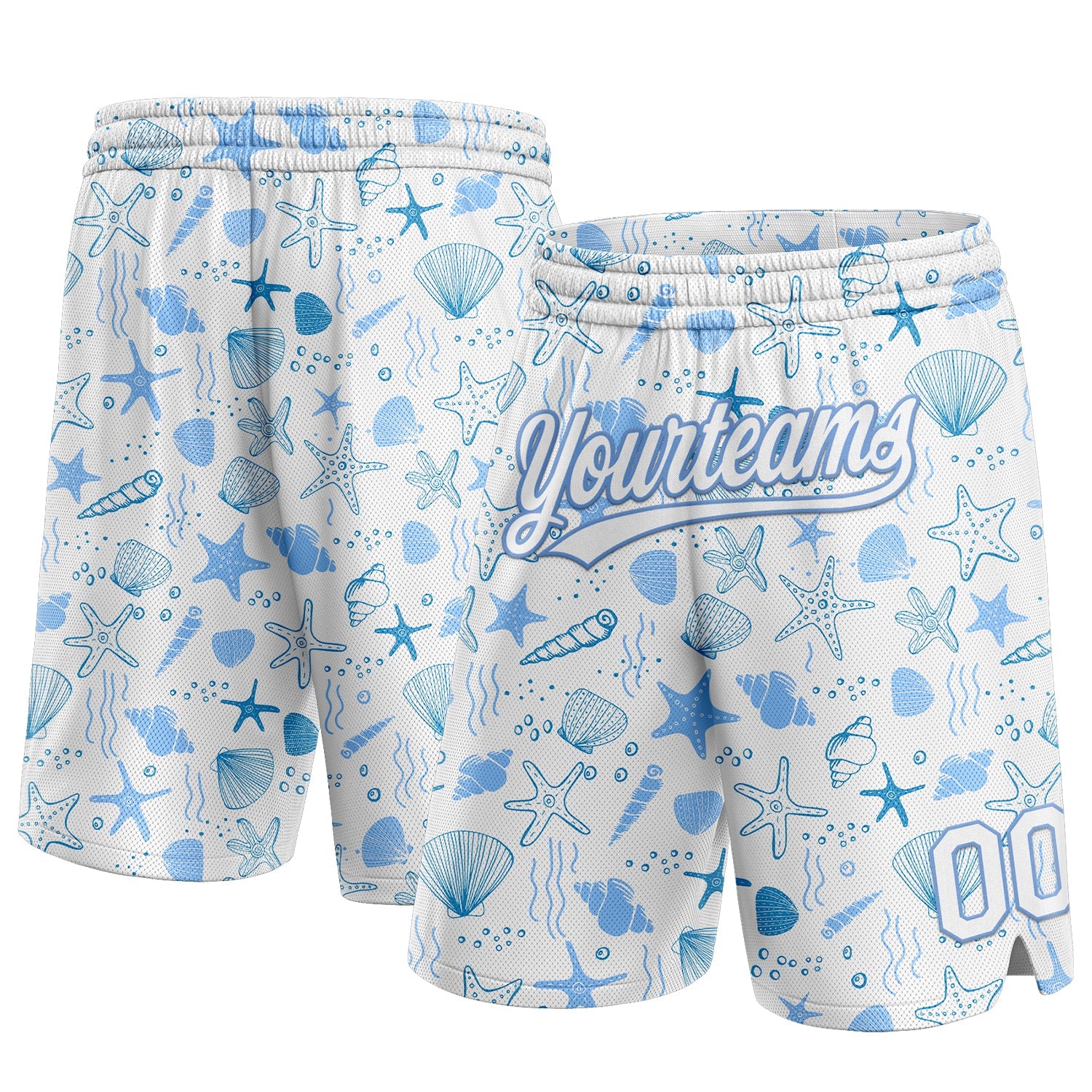 Custom White Light Blue 3D Pattern Starfishs And Shells Authentic Basketball Shorts - Main View