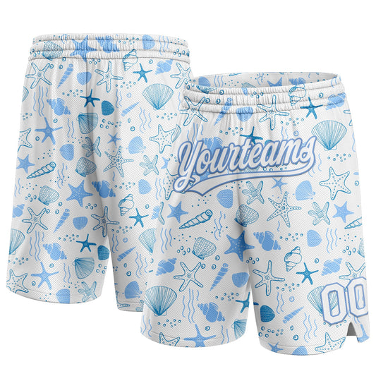 Custom White Light Blue 3D Pattern Starfishs And Shells Authentic Basketball Shorts - Main View
