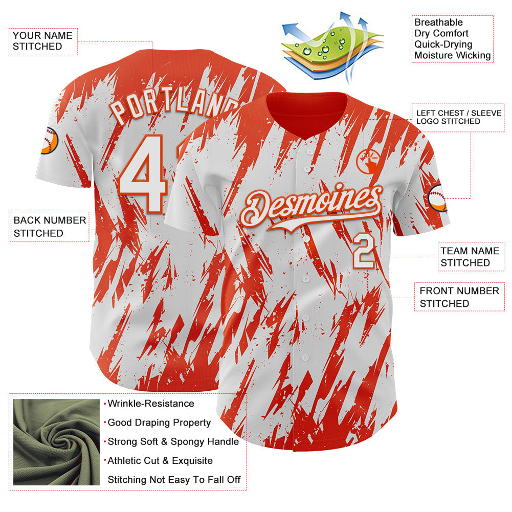 Custom White Orange Splatter Torn Sharp Brush Stroke Authentic Baseball Jersey view 3