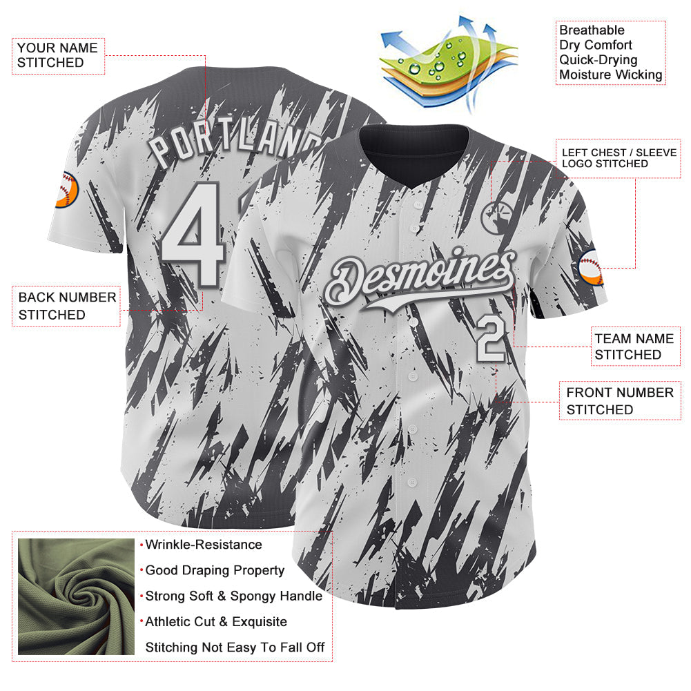 Custom White Steel Gray Splatter Torn Sharp Brush Stroke Authentic Baseball Jersey view 3