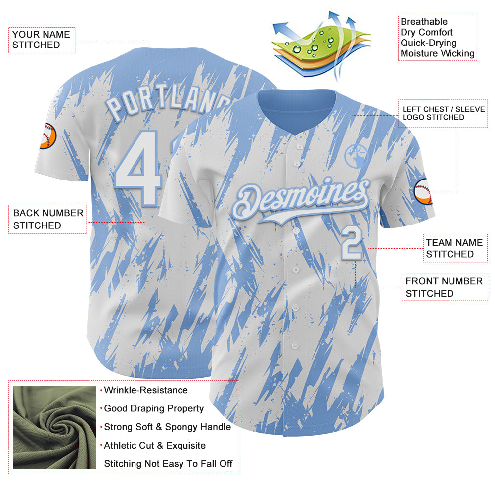 Custom White Light Blue Splatter Torn Sharp Brush Stroke Authentic Baseball Jersey view 3
