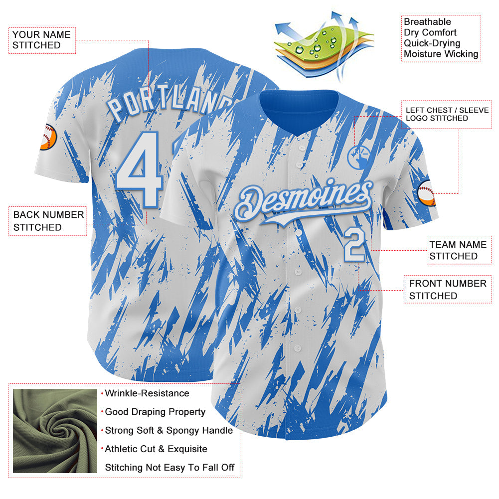 Custom White Powder Blue Splatter Torn Sharp Brush Stroke Authentic Baseball Jersey view 3