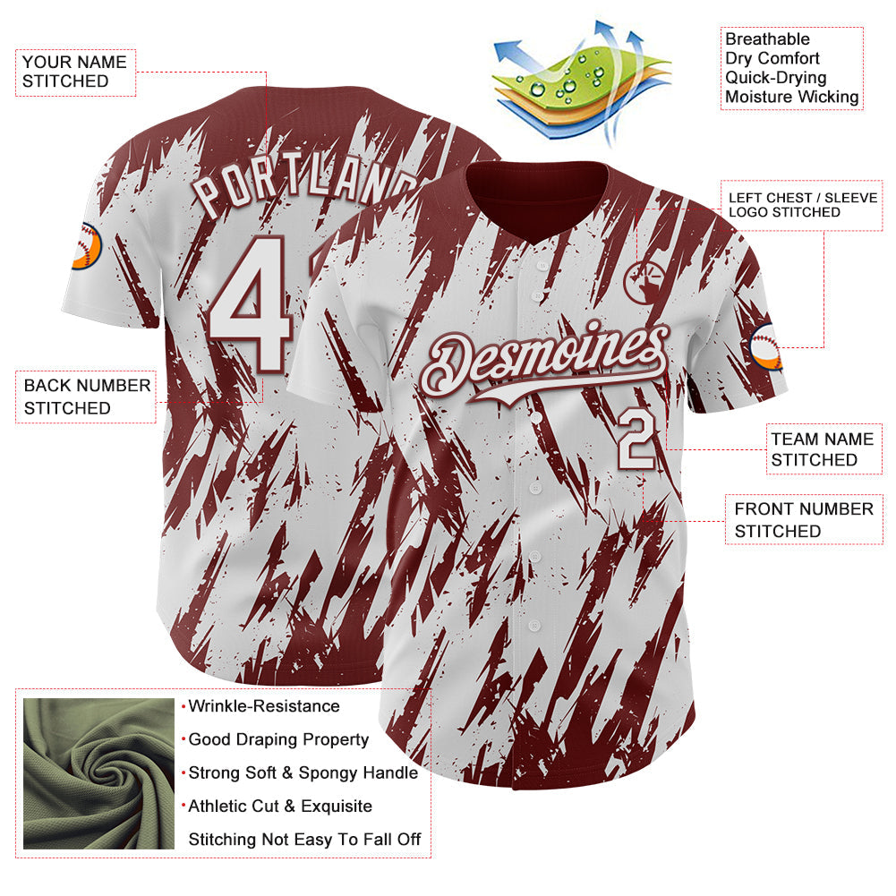 Custom White Burgundy Splatter Torn Sharp Brush Stroke Authentic Baseball Jersey view 3