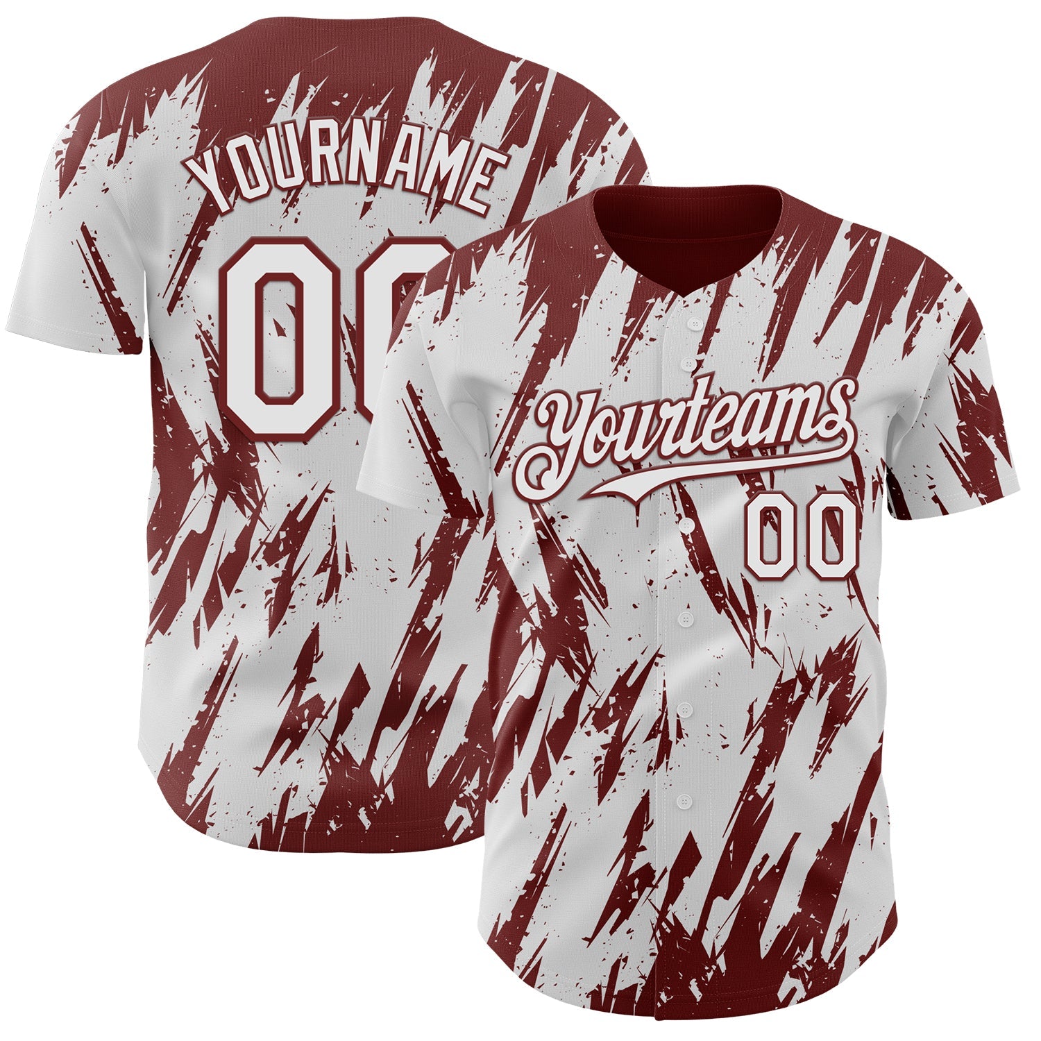 Custom White Burgundy Splatter Torn Sharp Brush Stroke Authentic Baseball Jersey - Main View