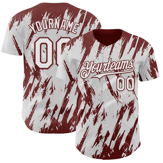 Custom White Burgundy Splatter Torn Sharp Brush Stroke Authentic Baseball Jersey - Main View