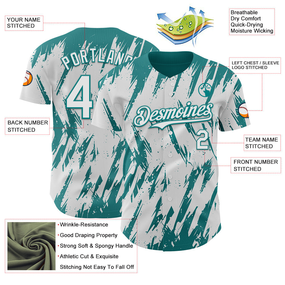 Custom White Teal Splatter Torn Sharp Brush Stroke Authentic Baseball Jersey view 3