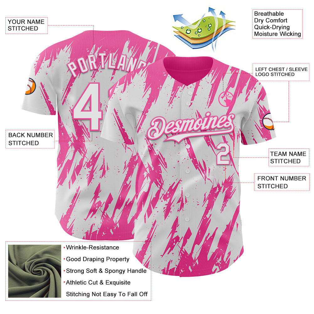 Custom White Pink Splatter Torn Sharp Brush Stroke Authentic Baseball Jersey view 3
