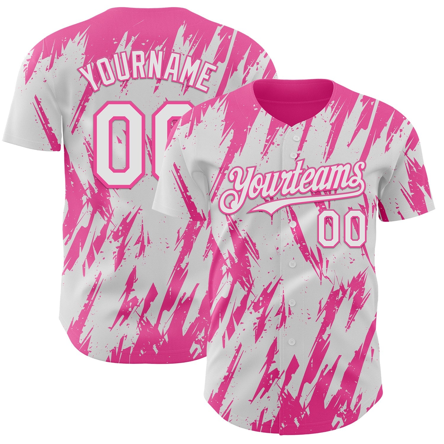 Custom White Pink Splatter Torn Sharp Brush Stroke Authentic Baseball Jersey - Main View