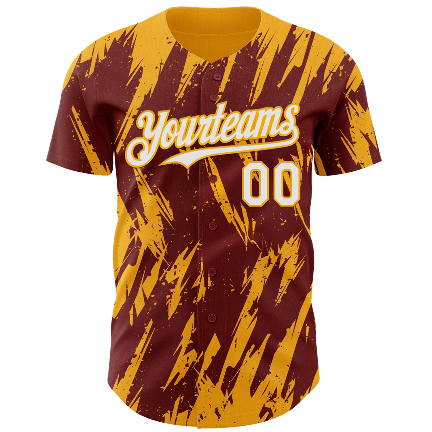 Custom Burgundy White-Gold Splatter Torn Sharp Brush Stroke Authentic Baseball Jersey view 2
