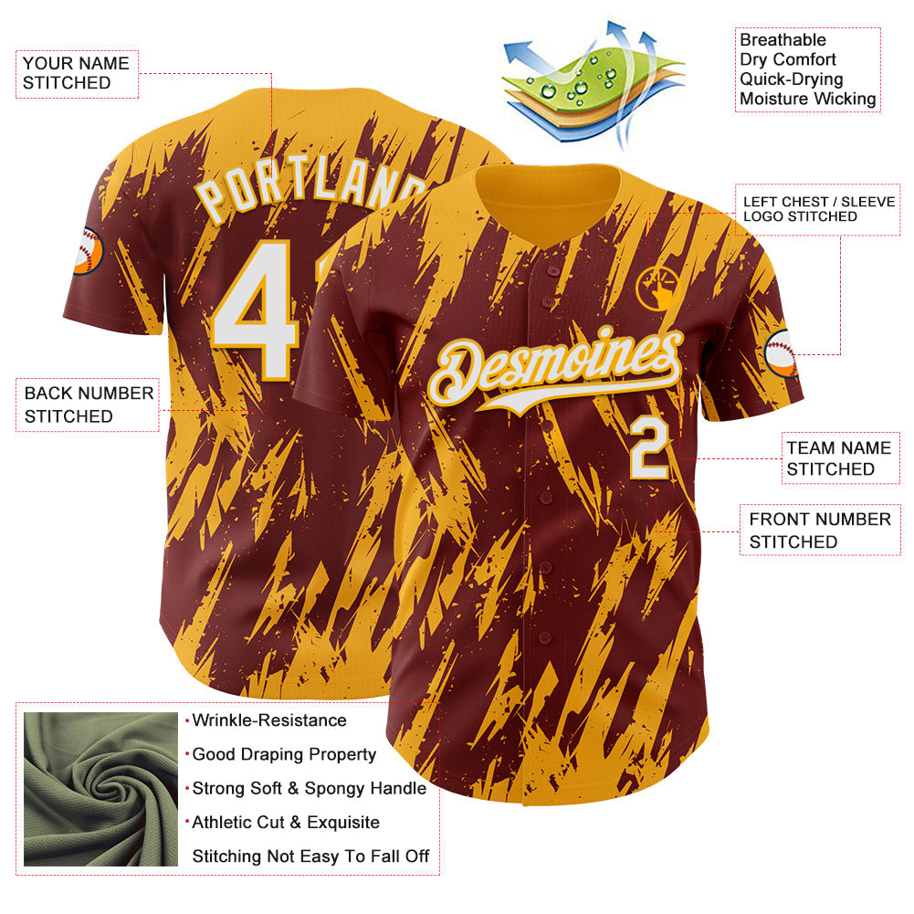 Custom Burgundy White-Gold Splatter Torn Sharp Brush Stroke Authentic Baseball Jersey view 3