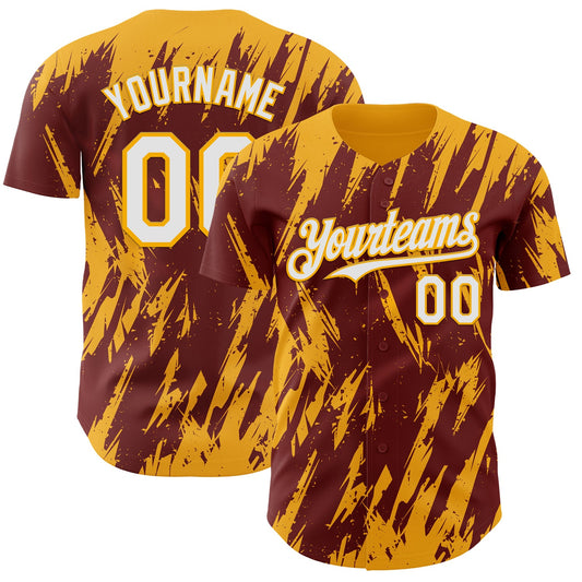 Custom Burgundy White-Gold Splatter Torn Sharp Brush Stroke Authentic Baseball Jersey - Main View
