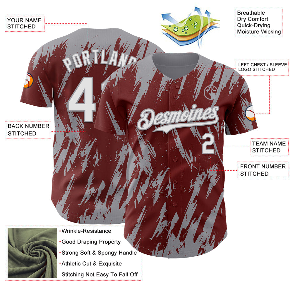 Custom Burgundy White-Gray Splatter Torn Sharp Brush Stroke Authentic Baseball Jersey view 3
