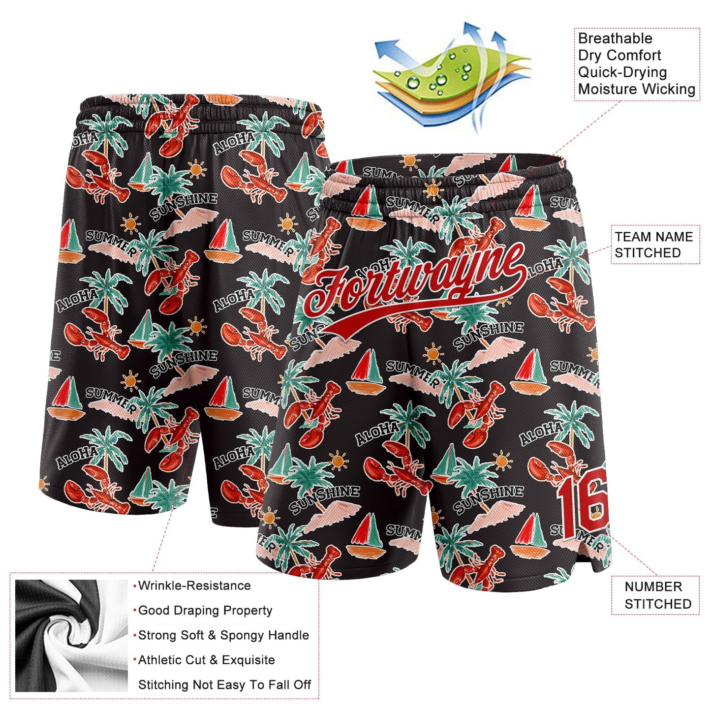 Custom Black Red-White 3D Pattern Sun Beach Hawaii Palm Trees And Lobster Authentic Basketball Shorts view 2