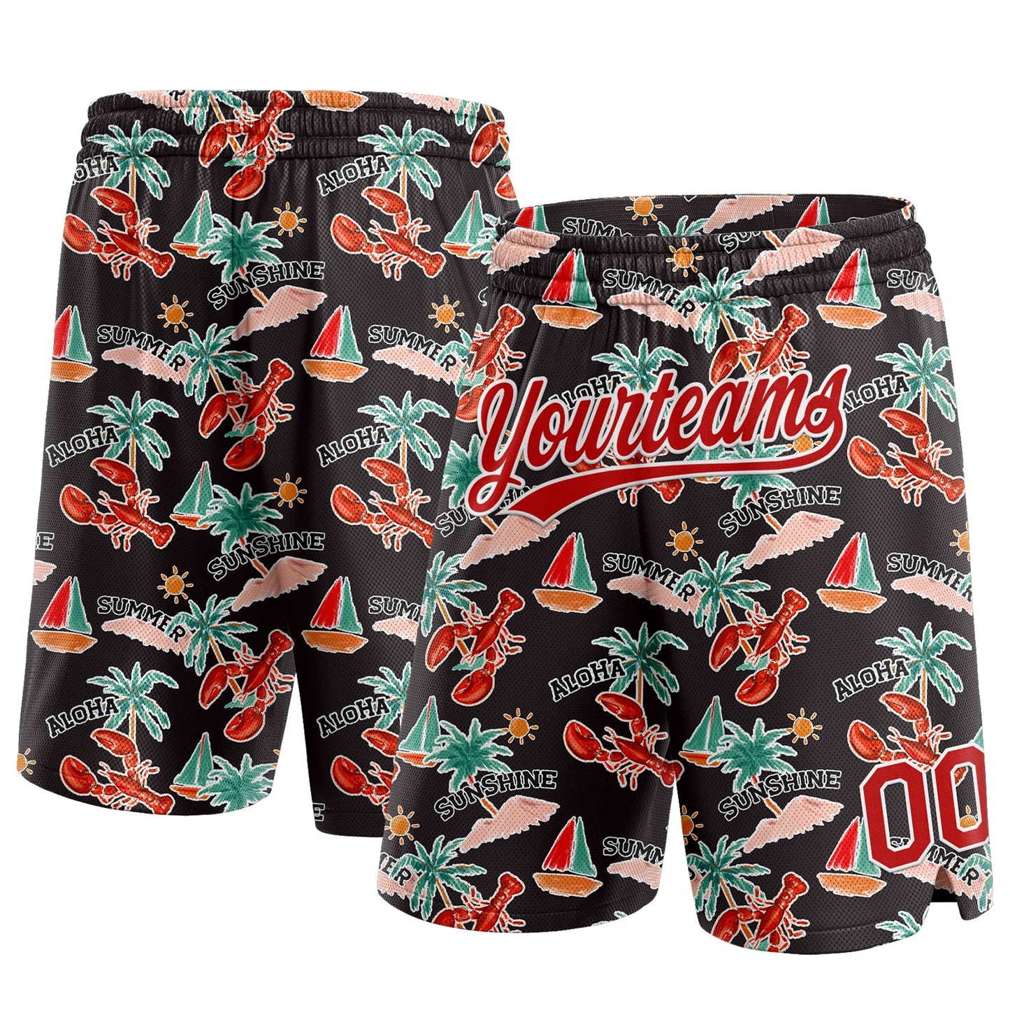 Custom Black Red-White 3D Pattern Sun Beach Hawaii Palm Trees And Lobster Authentic Basketball Shorts - Main View