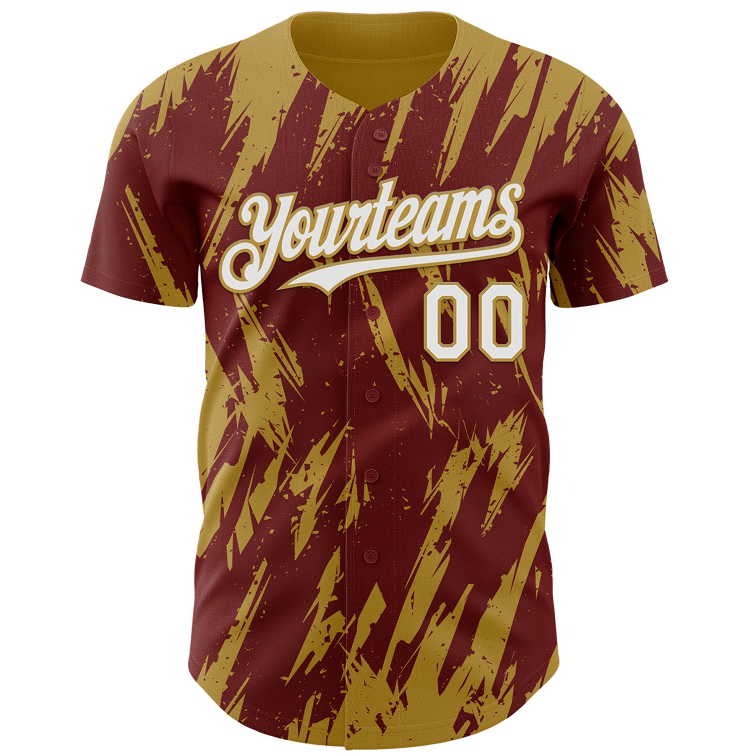 Custom Burgundy White-Old Gold Splatter Torn Sharp Brush Stroke Authentic Baseball Jersey view 2