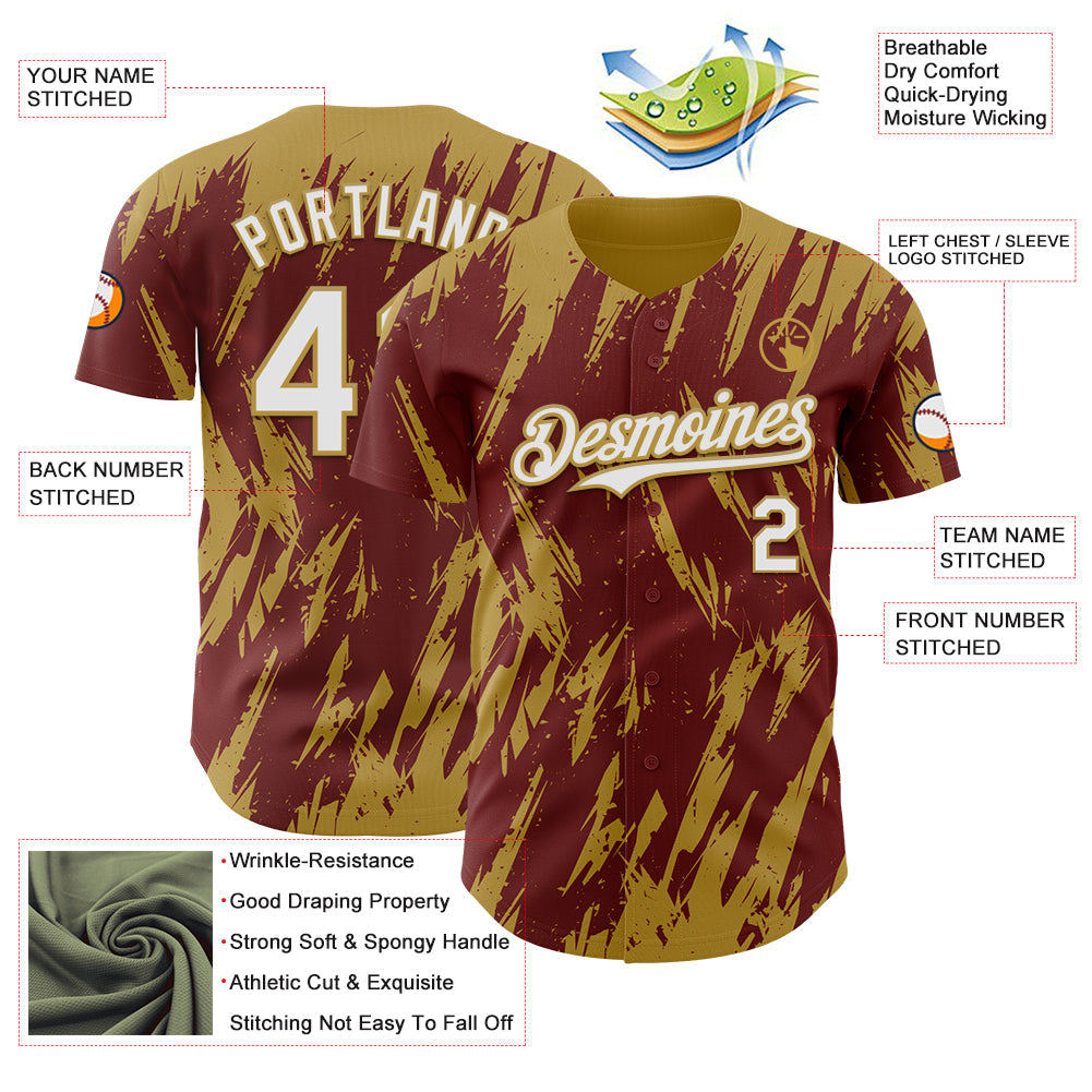 Custom Burgundy White-Old Gold Splatter Torn Sharp Brush Stroke Authentic Baseball Jersey view 3