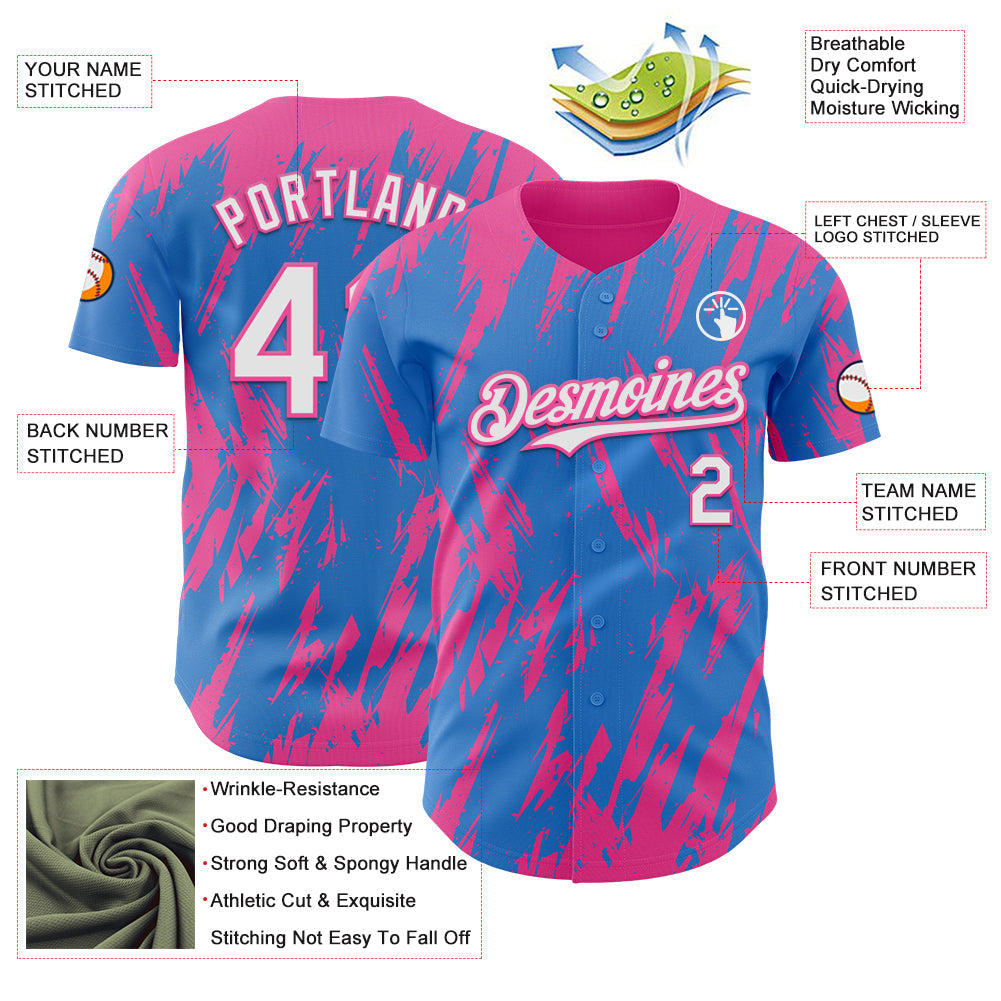 Custom Powder Blue White-Pink Splatter Torn Sharp Brush Stroke Authentic Baseball Jersey view 3