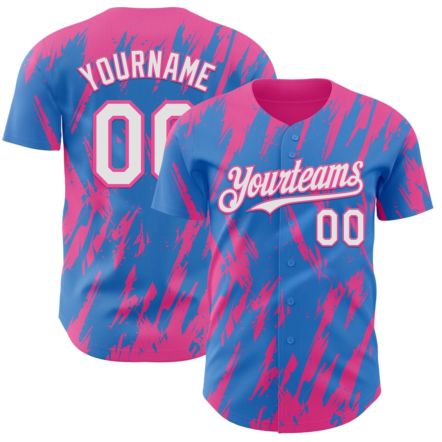 Custom Powder Blue White-Pink Splatter Torn Sharp Brush Stroke Authentic Baseball Jersey - Main View