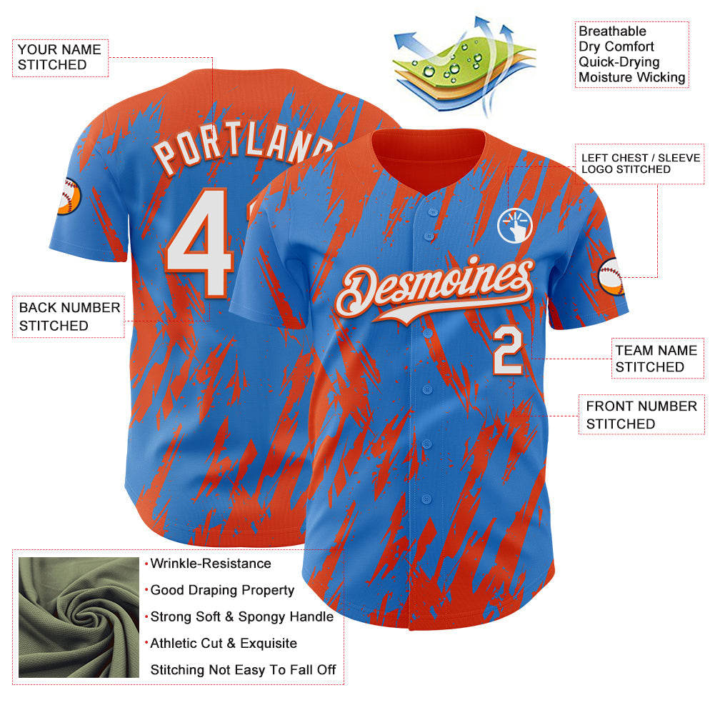 Custom Powder Blue White-Orange Splatter Torn Sharp Brush Stroke Authentic Baseball Jersey view 3