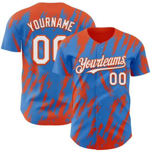 Custom Powder Blue White-Orange Splatter Torn Sharp Brush Stroke Authentic Baseball Jersey - Main View