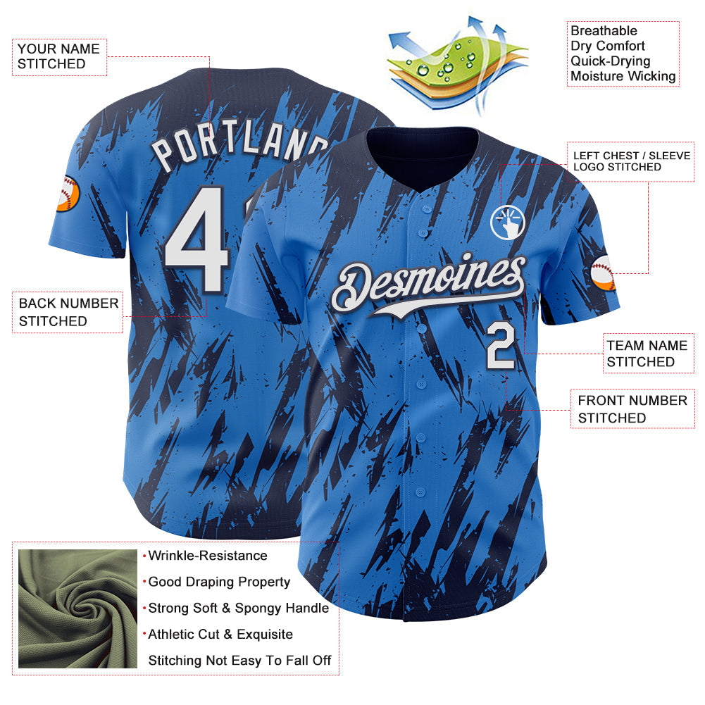 Custom Powder Blue White-Navy Splatter Torn Sharp Brush Stroke Authentic Baseball Jersey view 3
