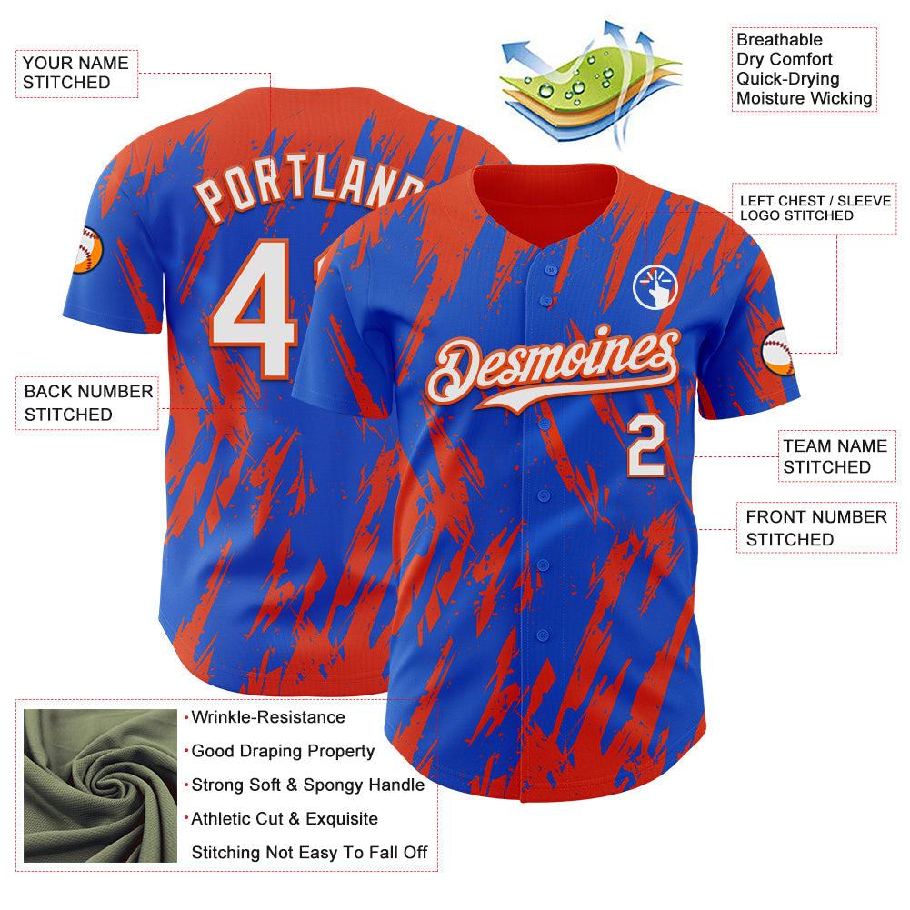 Custom Thunder Blue White-Orange Splatter Torn Sharp Brush Stroke Authentic Baseball Jersey view 3
