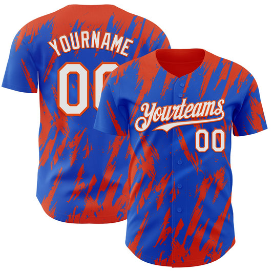 Custom Thunder Blue White-Orange Splatter Torn Sharp Brush Stroke Authentic Baseball Jersey - Main View