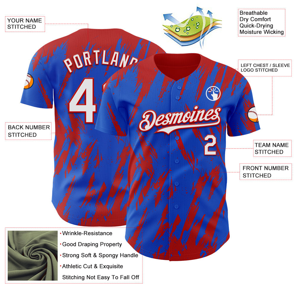Custom Thunder Blue White-Red Splatter Torn Sharp Brush Stroke Authentic Baseball Jersey view 3