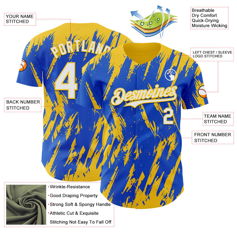 Custom Thunder Blue White-Yellow Splatter Torn Sharp Brush Stroke Authentic Baseball Jersey view 3