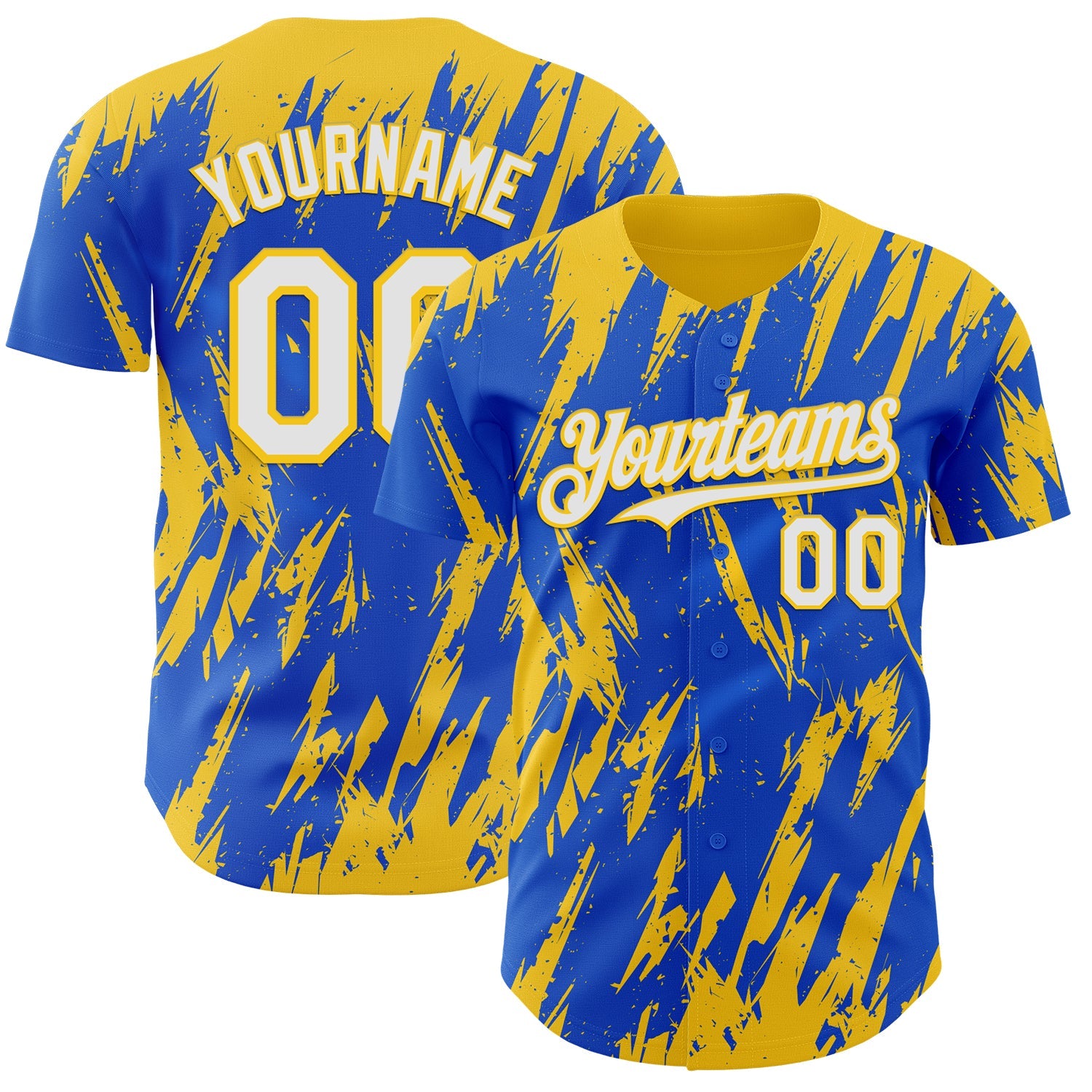 Custom Thunder Blue White-Yellow Splatter Torn Sharp Brush Stroke Authentic Baseball Jersey - Main View