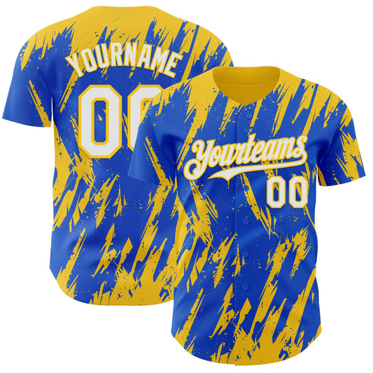 Custom Thunder Blue White-Yellow Splatter Torn Sharp Brush Stroke Authentic Baseball Jersey - Main View