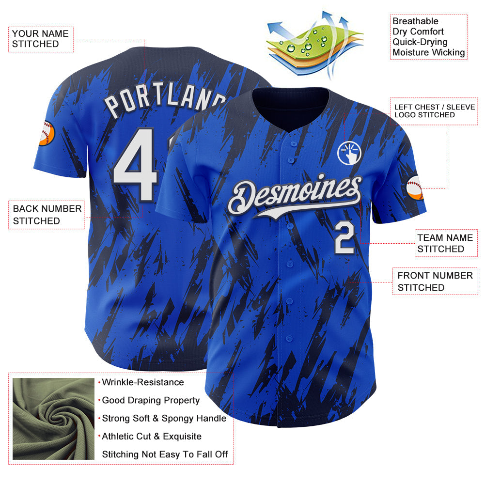 Custom Thunder Blue White-Navy Splatter Torn Sharp Brush Stroke Authentic Baseball Jersey view 3