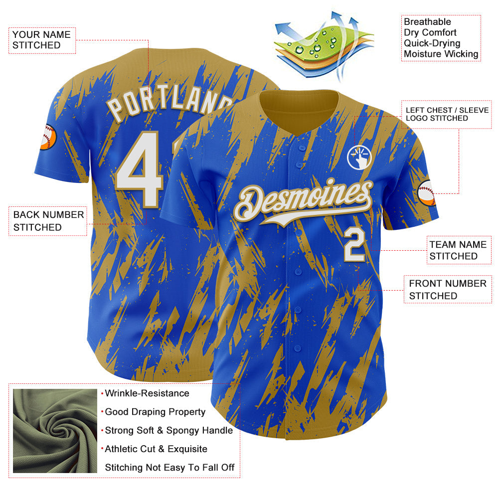 Custom Thunder Blue White-Old Gold Splatter Torn Sharp Brush Stroke Authentic Baseball Jersey view 3