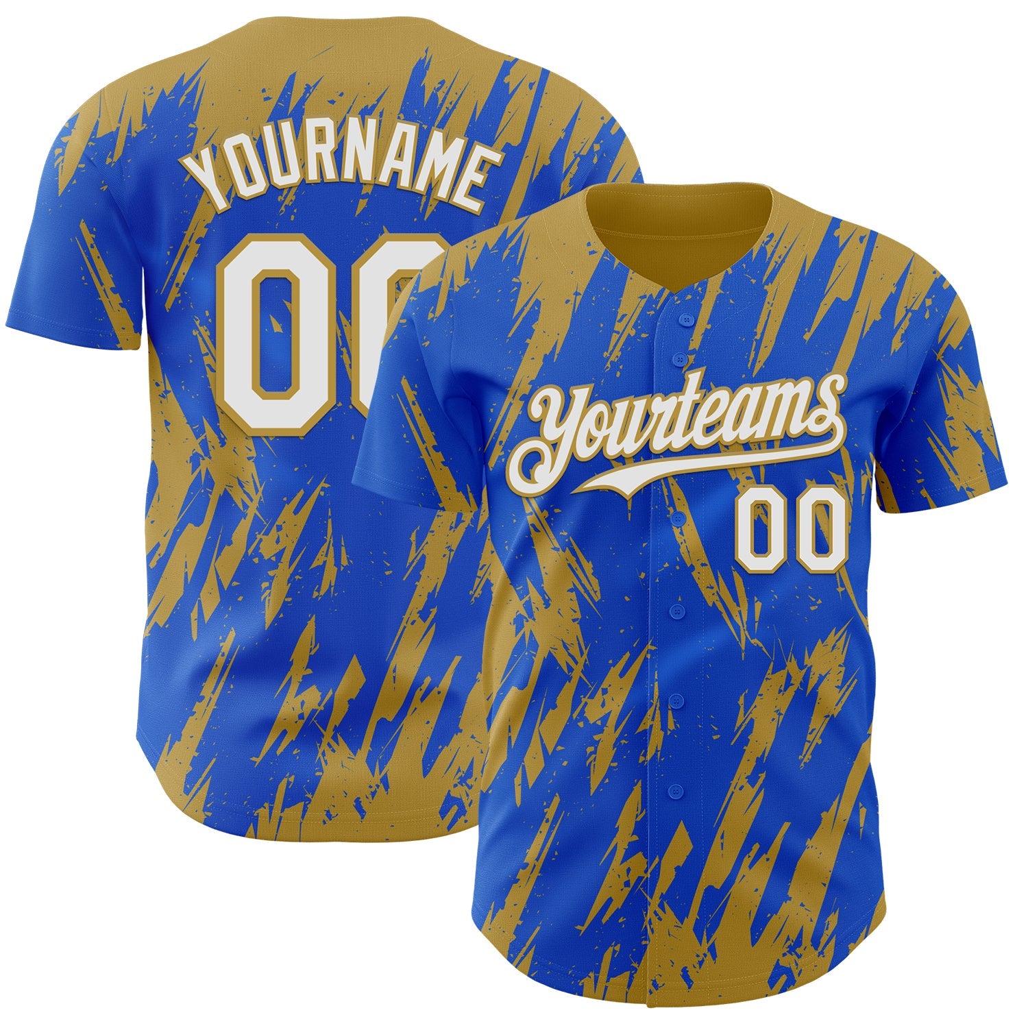 Custom Thunder Blue White-Old Gold Splatter Torn Sharp Brush Stroke Authentic Baseball Jersey - Main View