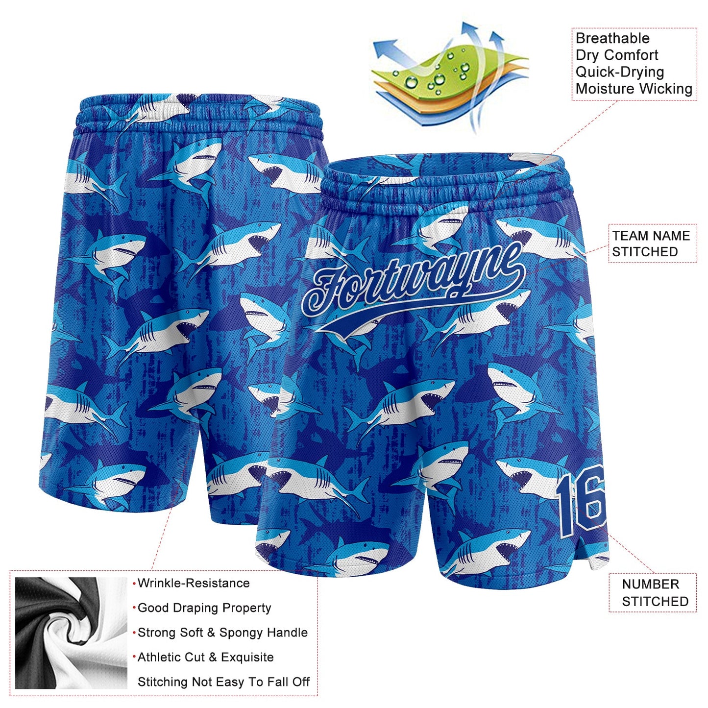Custom Royal White 3D Pattern Sharks Authentic Basketball Shorts view 2