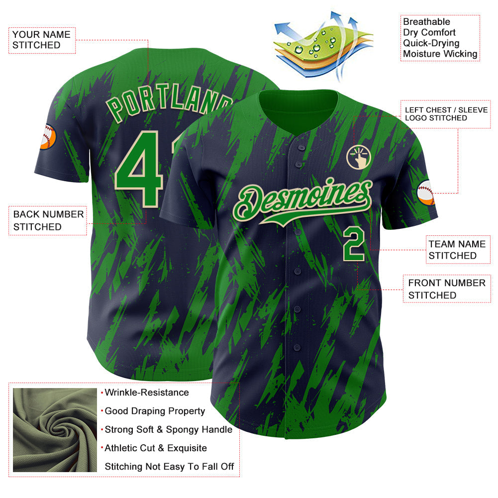 Custom Navy Kelly Green-Cream Splatter Torn Sharp Brush Stroke Authentic Baseball Jersey view 3