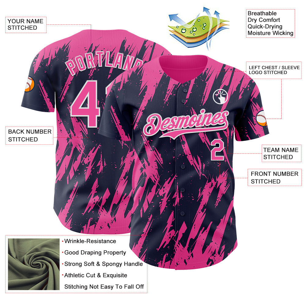 Custom Navy Pink-White Splatter Torn Sharp Brush Stroke Authentic Baseball Jersey view 3