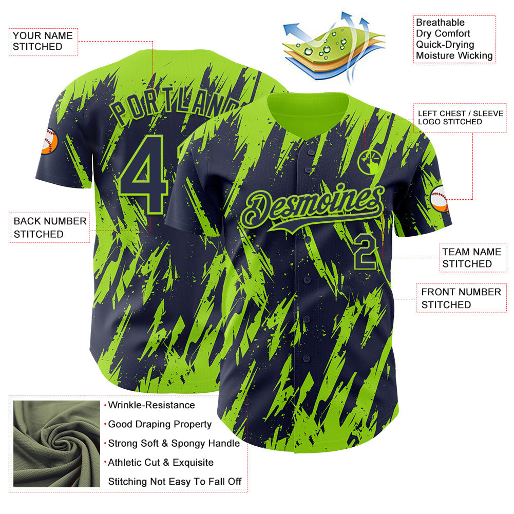 Custom Navy Neon Green Splatter Torn Sharp Brush Stroke Authentic Baseball Jersey view 3