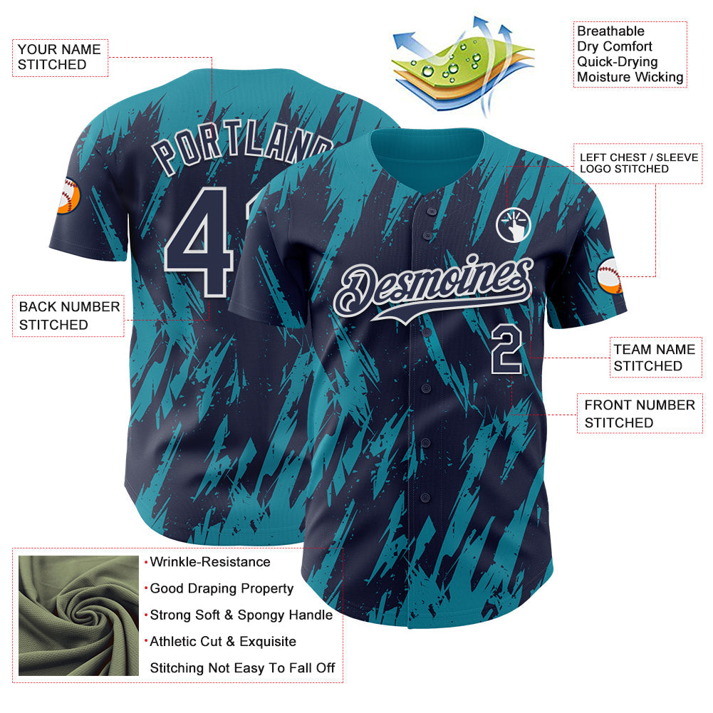 Custom Navy White-Teal Splatter Torn Sharp Brush Stroke Authentic Baseball Jersey view 3